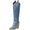 Fashion Blue Denim Western Knee High Block Heel Boots